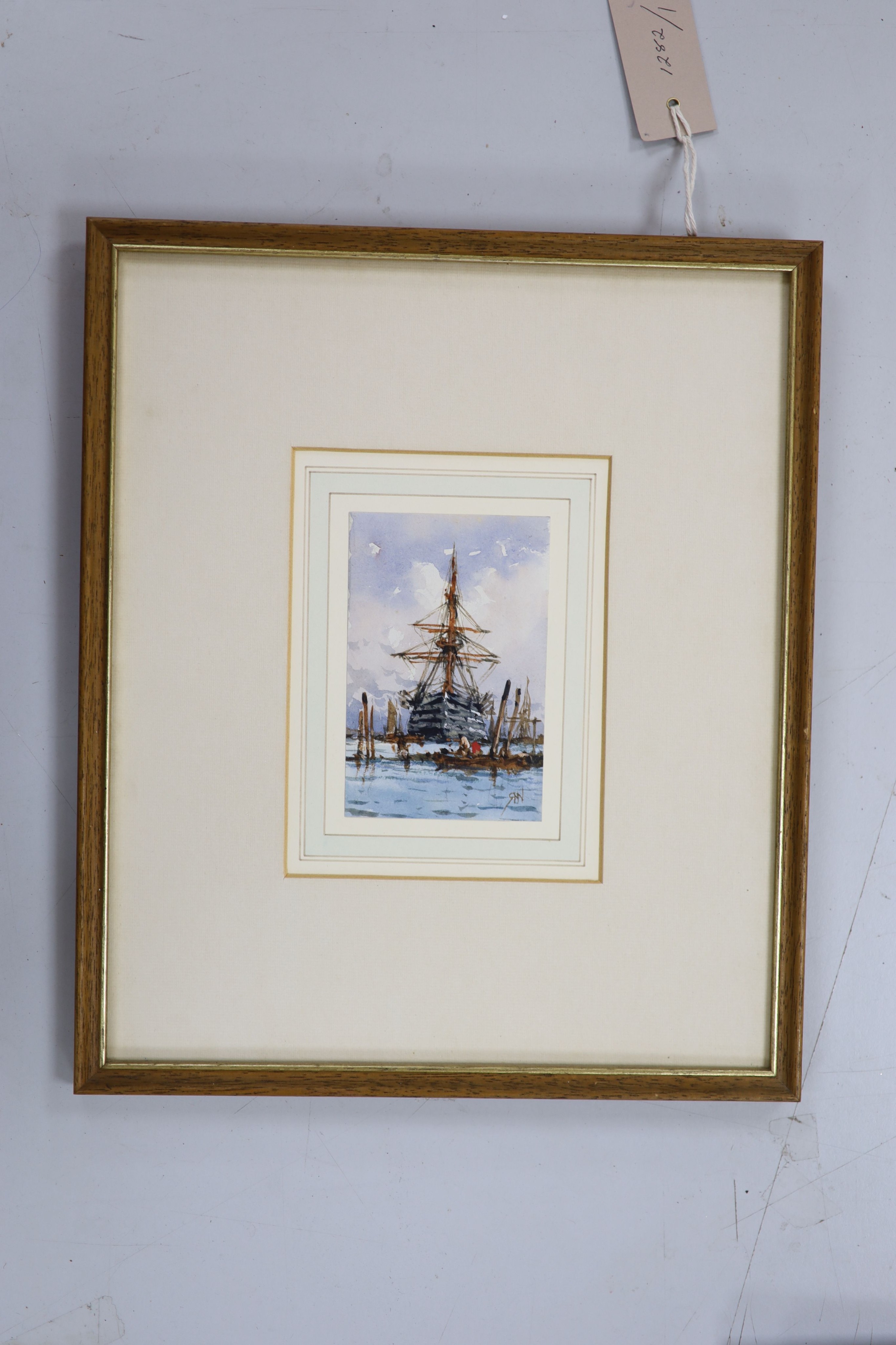 Richard Henry Nibbs (1816-1893), watercolour, Warship in harbour, signed, 13 x 8.5cm, Exhibited at Burstow Gallery, The Age of Sail and Seamanship 1982